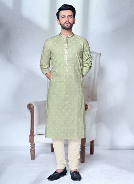 Pista Green Colour Vog New Exclusive Fancy Festive Wear Cotton Embroidery Kurta Pajama Mens Collection VOG-KP-2